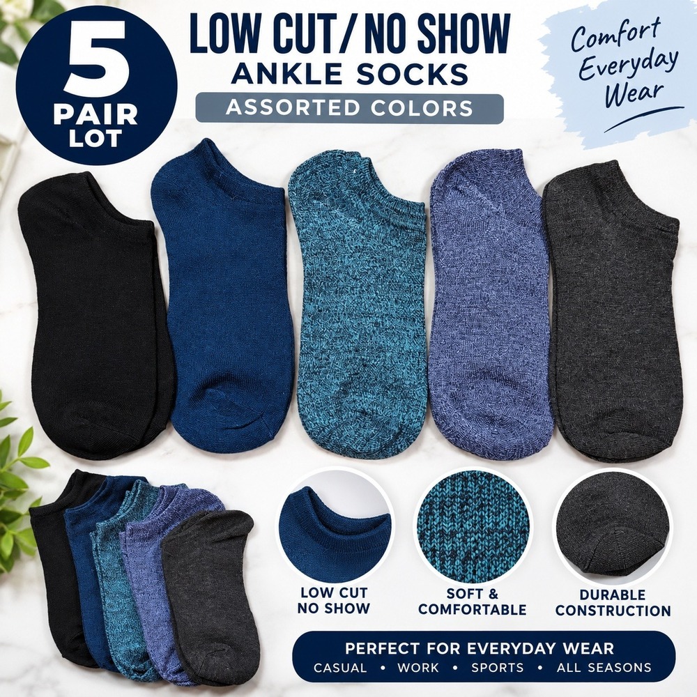 5 Pair Lot Mens Low Cut No Show Ankle Socks Assorted Colors Athletic Casual Wear